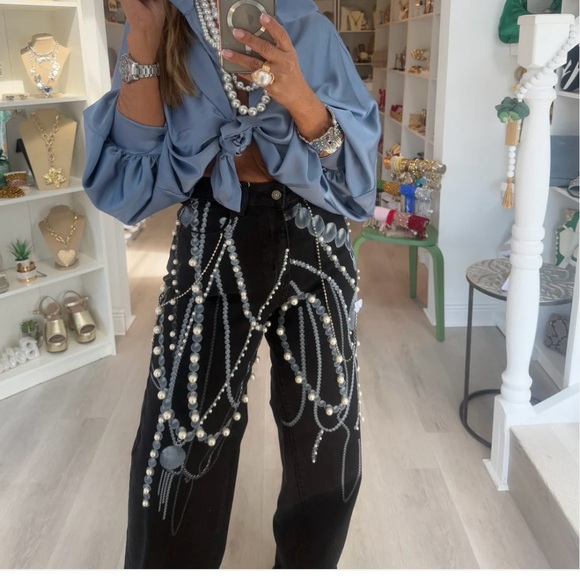 Blue Satin Top with Black Beaded Pants - Picture 2 of 4